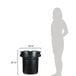 A woman's shadow next to a black Rubbermaid BRUTE trash can with a lid.