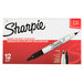 A box of 12 Sharpie black permanent markers with fine and ultra-fine tips.