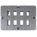 A grey plastic rectangular dunnage rack with four holes.