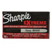 A black box of 12 Sharpie Extreme Black Fine Point Permanent Markers with a white marker on it.