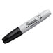 A close up of a black and silver Sharpie marker with a chisel tip.