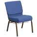 A blue Flash Furniture church chair with metal legs and a wire book rack.
