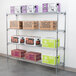 Metro Super Erecta wire shelving unit with boxes on a metal rack.