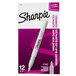 A box of 12 Sharpie Metallic Silver permanent markers with a white marker on the box.