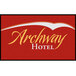 A red rectangular Notrax carpet entrance mat with yellow text reading "Archway Hotel" and a yellow border.