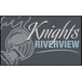 A grey rectangular Notrax carpet entrance mat with a white Knights Riverview logo and helmet.