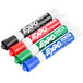 A close-up of three Expo low-odor dry erase markers with bullet tips in assorted colors.