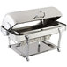 A Bon Chef stainless steel rectangle chafer with chrome accents and a lid on a counter.