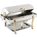A Bon Chef stainless steel chafing dish with gold accents on a counter.