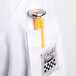 A Taylor 5" pocket probe dial thermometer in a white coat pocket with a yellow pen.
