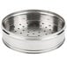A round stainless steel dim sum steamer with holes in it.