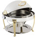 A Bon Chef round stainless steel chafer with brass accents and Aurora legs.