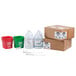 A white jug and red and green buckets with cleaning and sanitizing labels.