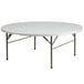 A Flash Furniture round white plastic folding table with metal legs.