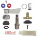 A Fisher stainless steel faucet swivel stem repair kit on a table with a variety of faucet parts.