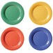 A row of four GET Diamond Mardi Gras melamine plates in assorted colors.