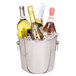 A Franmara stainless steel wine and champagne chiller filled with wine and champagne bottles in ice.