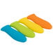 A group of colorful silicone handle holders in yellow, orange, blue, and green.