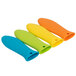 A group of colorful silicone handle holders in orange, yellow, blue, and green.