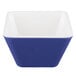 A blue and white square Vollrath melamine bowl.