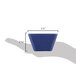A hand holding a blue Vollrath square melamine bowl with white edges.
