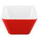 A red and white square Vollrath melamine bowl.