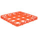 An orange plastic basket with grids and holes.