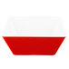 A red square melamine bowl with a white bottom.