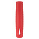 A red silicone handle holder with a small hole in it.