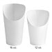 Two white paper scoop cups with curved tops.