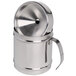 A polished stainless steel Franmara wine tasting spittoon with a handle.