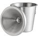 A Franmara stainless steel wine tasting spittoon with a lid.