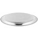 A Vollrath stainless steel serving tray with a metal rim and round surface.
