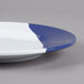 A close-up of a white melamine plate with navy blue stripes on the rim.