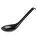 A black melamine soup spoon with a long handle.