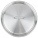 A close-up of a silver stainless steel Vollrath pan lid with a loop handle.
