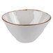 A white GET melamine bowl with brown speckled rim.