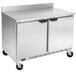 A large stainless steel Beverage-Air worktop refrigerator with two doors on wheels.