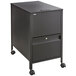 A black Safco locking file cabinet with wheels.