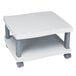 A Safco charcoal gray 2-shelf printer stand with grey legs and wheels.