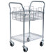 A metallic gray Safco wire mail cart with two shelves.