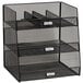 A black steel mesh Safco breakroom organizer with three compartments.