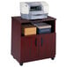 A Safco mahogany laminate machine stand with a printer and scanner on top.