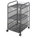 A Safco black wire mesh rolling cart with shelves and file storage.