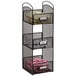 A black wire mesh Safco breakroom organizer with three sections.