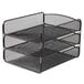 A black wire mesh desk tray organizer with three shelves.
