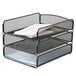 A black steel mesh desk tray organizer with papers in three sections.