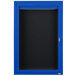 A blue aluminum cabinet with a black door and key lock.