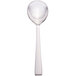 A silver Bon Chef rounded bowl soup spoon with a white handle.