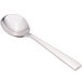 The rounded bowl of a silver Bon Chef Roman soup spoon.